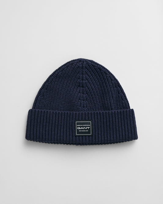 EVENING BLUE, COTTON RIBBED BEANIE, FRONT-VIEW BY GANT AU.