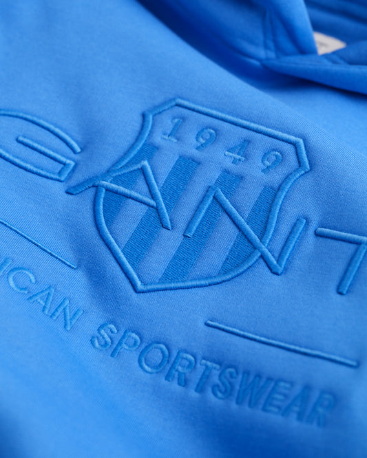 GREECE BLUE, TONAL SHIELD HOODIE, CLOSE-UP BY GANT AU.