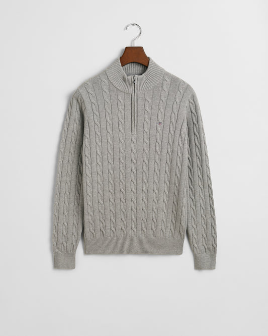 GREY MELANGE, COTTON CABLE HALF ZIP BY GANT AU.