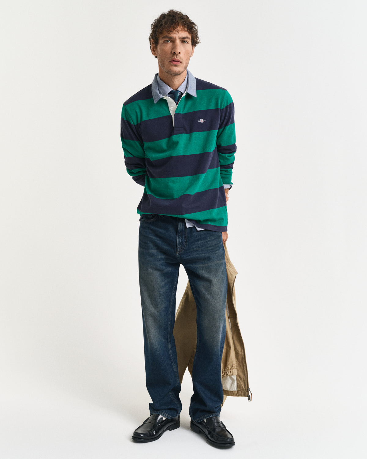 DEEP GREEN, REG CHAMBRAY STRIPE HEAVY RUGGER BY GANT AU.