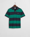 DEEP GREEN, BLOCK STRIPE POLO, FLAT-LAY BY GANT AU.
