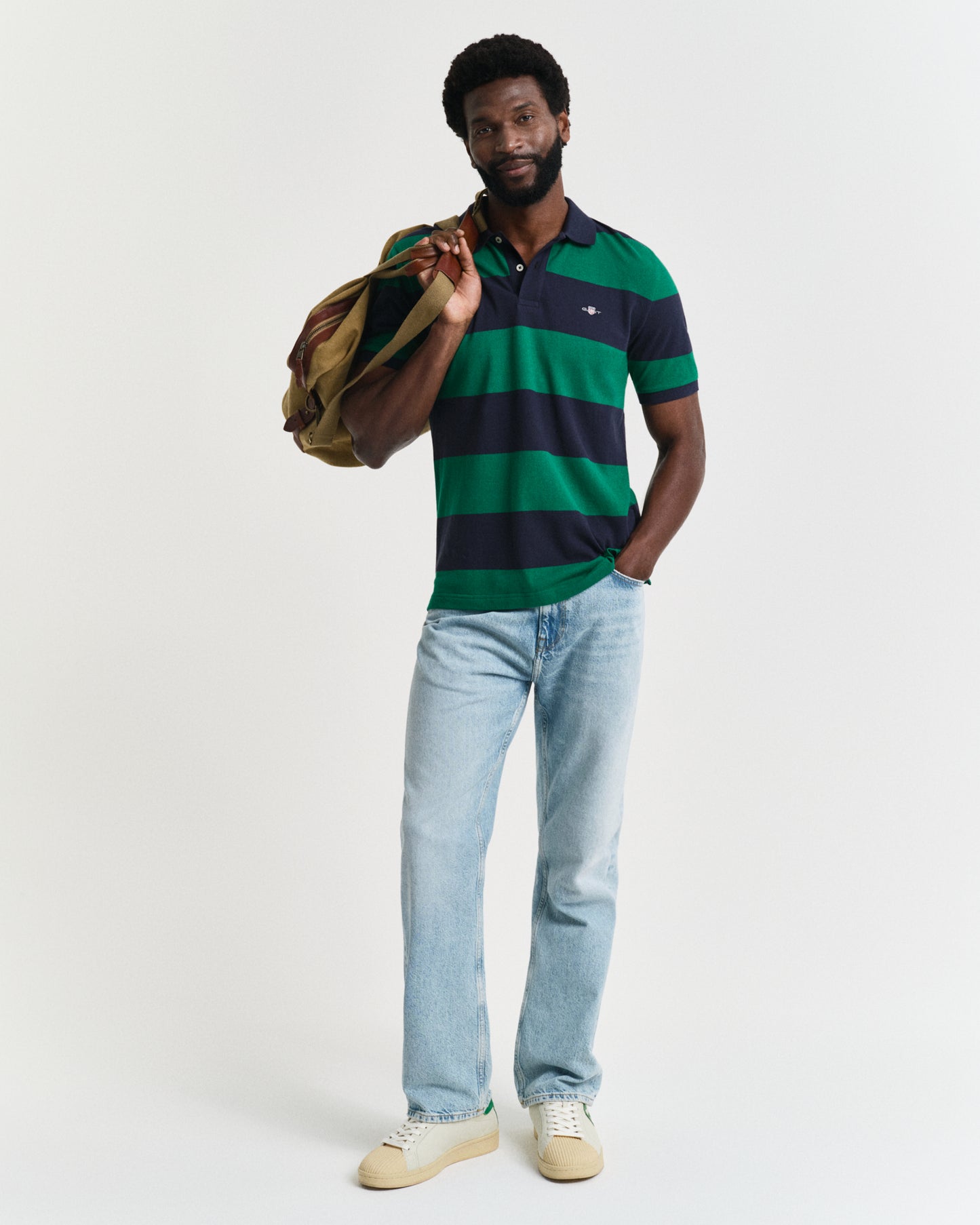 DEEP GREEN, BLOCK STRIPE POLO BY GANT AU.