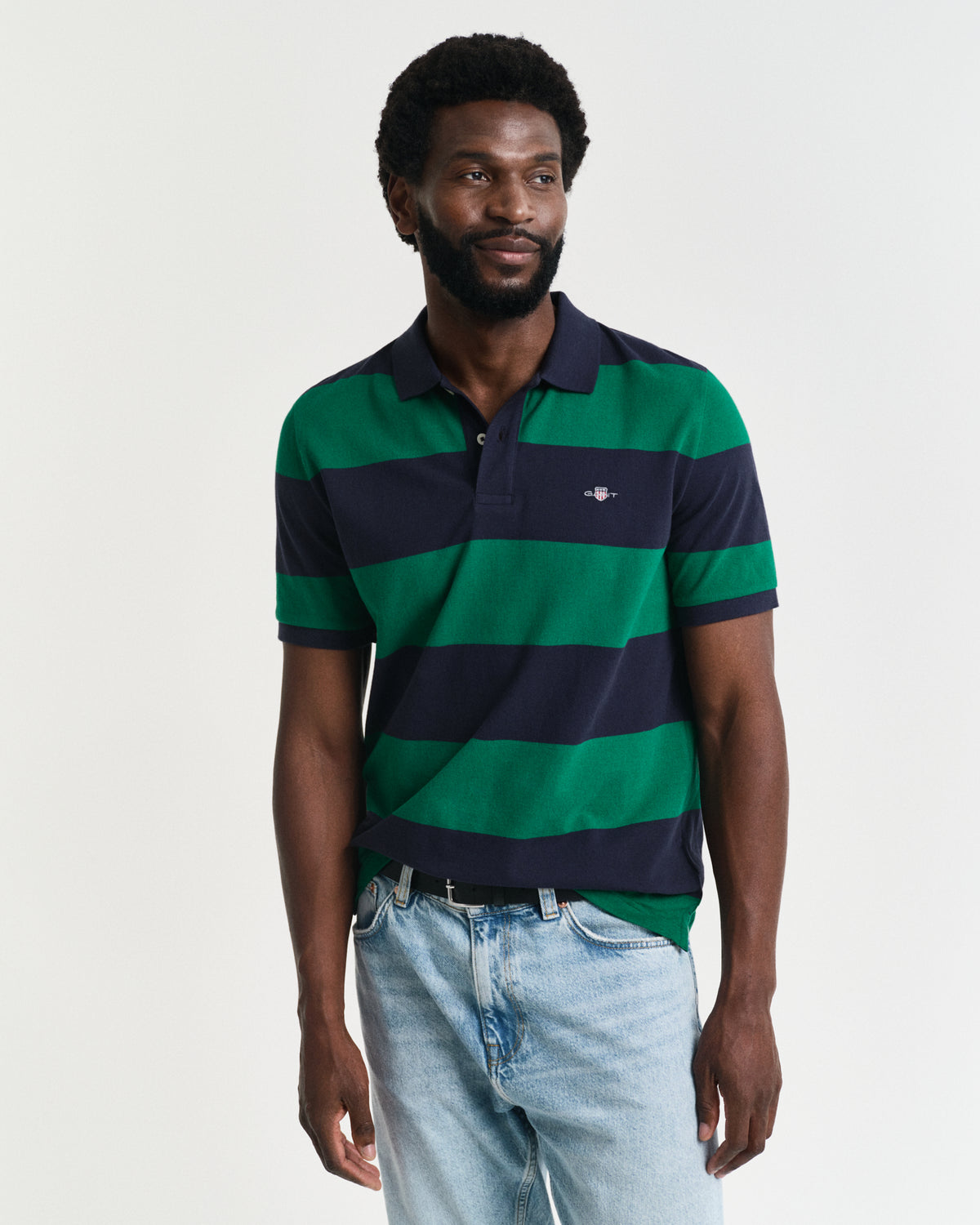 DEEP GREEN, BLOCK STRIPE POLO, FRONT-VIEW BY GANT AU.