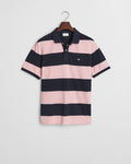 CALIFORNIA PINK, BLOCK STRIPE POLO, FLAT-LAY BY GANT AU.