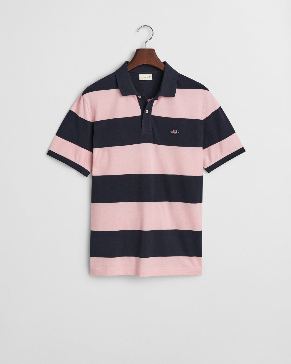 CALIFORNIA PINK, BLOCK STRIPE POLO, FLAT-LAY BY GANT AU.