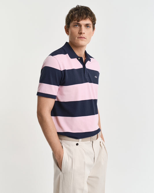 CALIFORNIA PINK, BLOCK STRIPE POLO, FRONT-VIEW BY GANT AU.