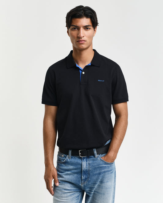 BLACK, REG CONTRAST PIQUE SS POLO, FRONT-VIEW BY GANT AU.