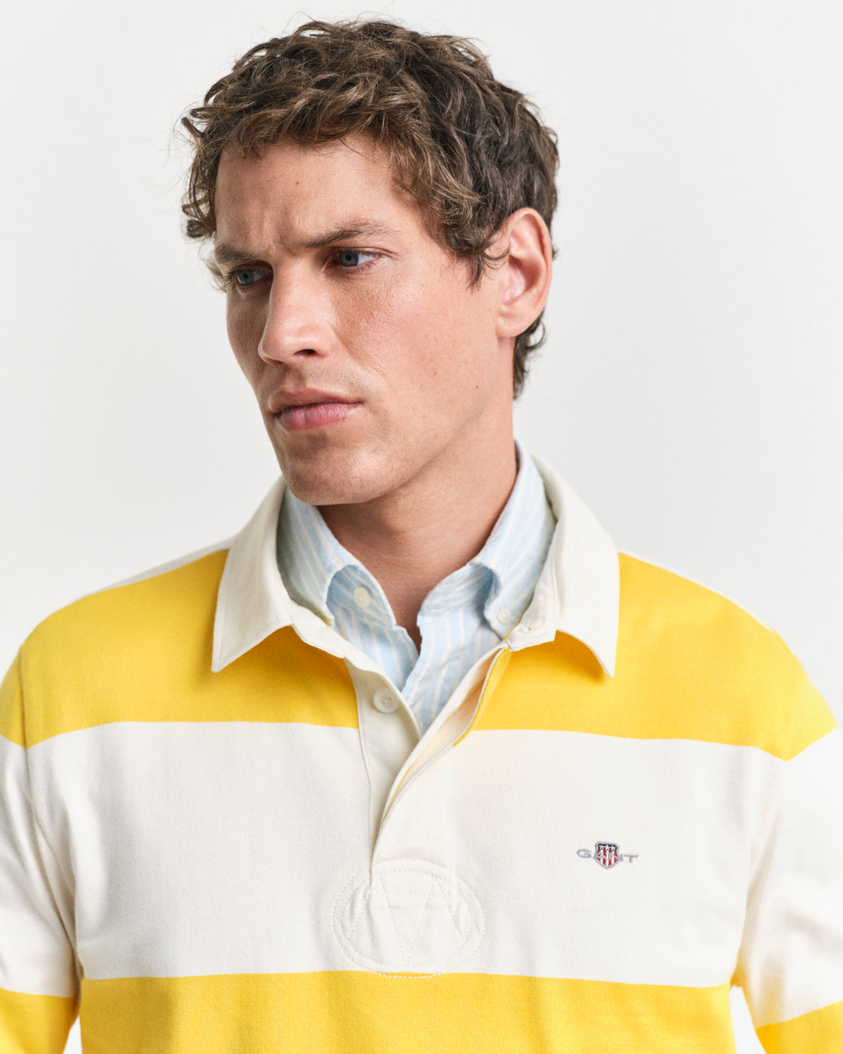 MODEL WEARING BARSTRIPE RUGGER