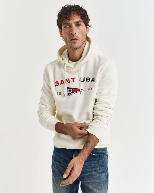 CREAM, GRAPHIC SWEAT HOODIE, FRONT-VIEW BY GANT AU.