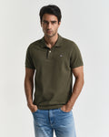 JUNIPER GREEN, REG SHIELD SS PIQUE POLO, FRONT-VIEW BY GANT AU.