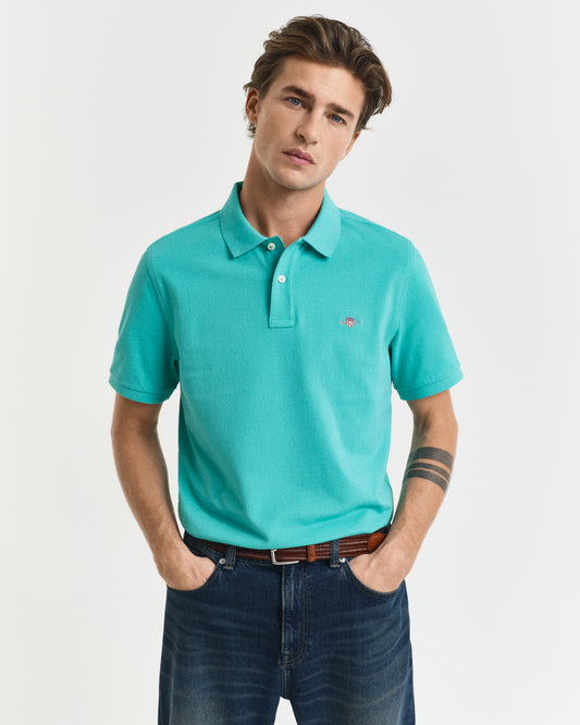 TROPIC BLUE, REG SHIELD SS PIQUE POLO, FRONT-VIEW BY GANT AU.