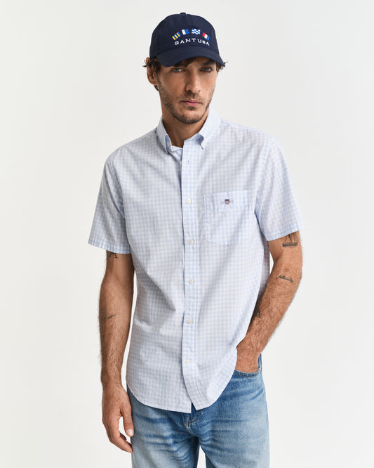 LIGHT BLUE, REG POPLIN GINGHAM SS SHIRT, FRONT-VIEW BY GANT AU.