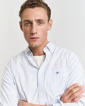MODEL WEARING REG CLASSIC POPLIN STRIPE SHIRT