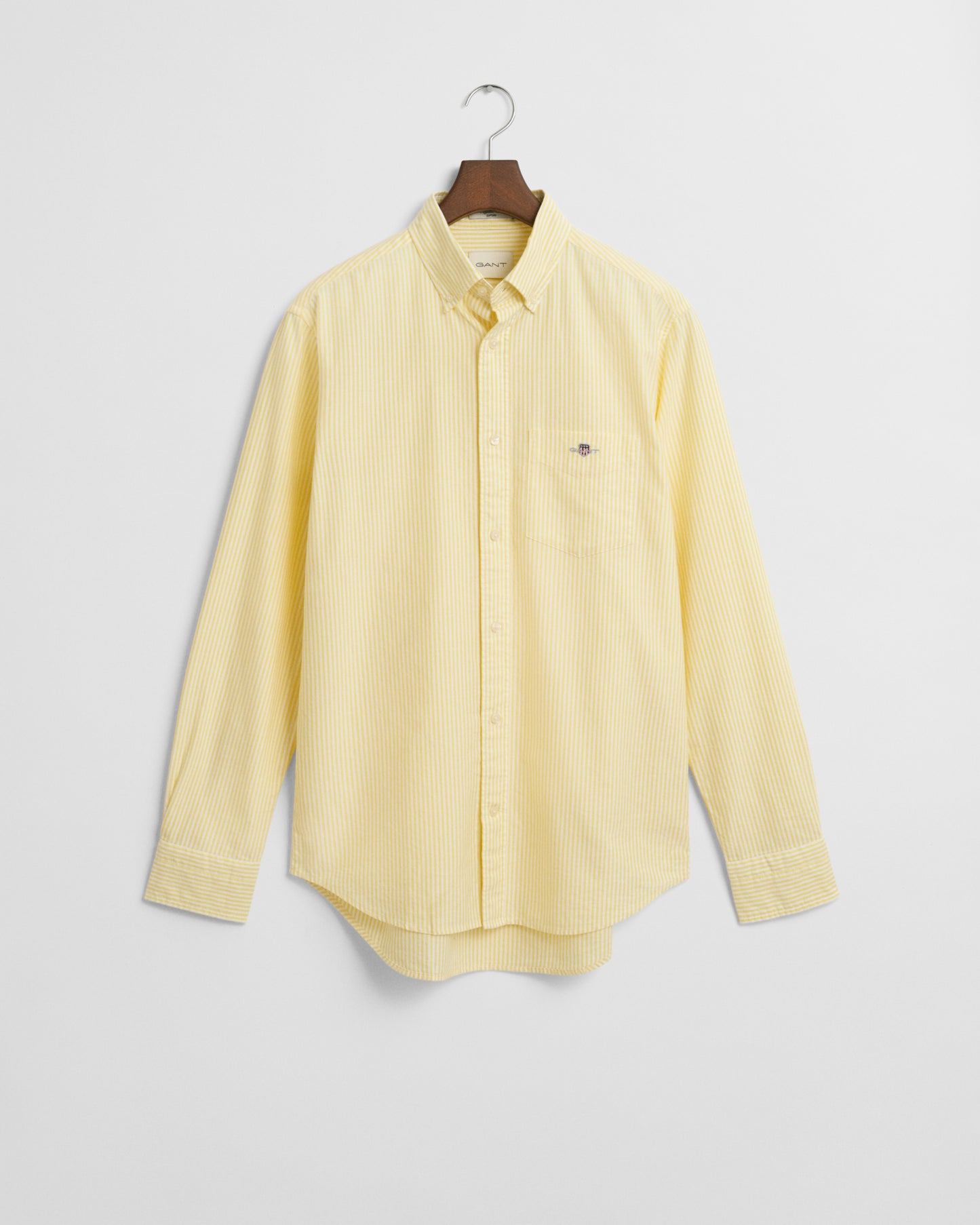 BANANA YELLOW, REG CLASSIC OXFORD STRIPE SHIRT, FLAT-LAY BY GANT AU.