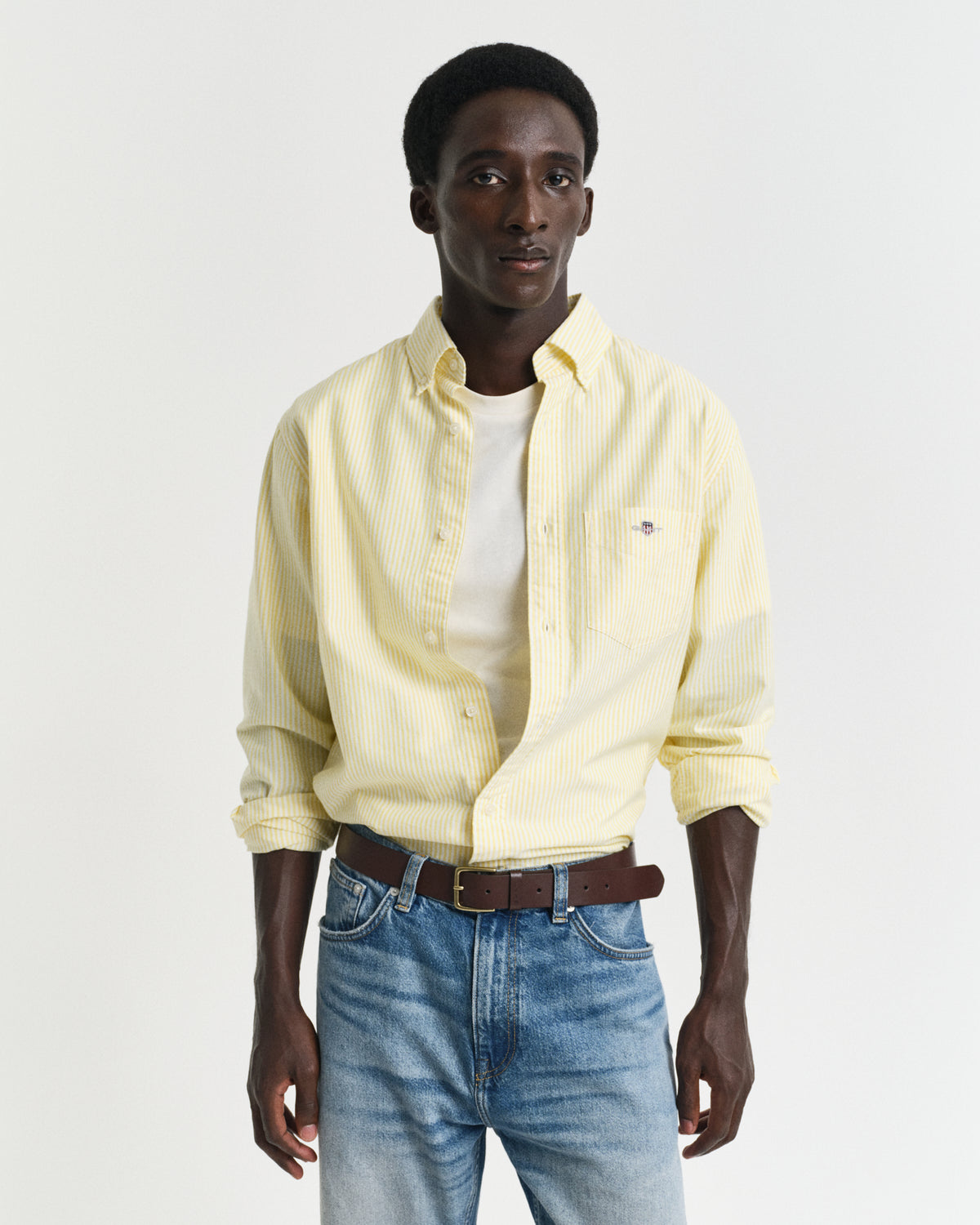 BANANA YELLOW, REG CLASSIC OXFORD STRIPE SHIRT, FRONT-VIEW BY GANT AU.