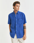 RICH BLUE, REG GMNT DYED LINEN SS SHIRT, FRONT-VIEW BY GANT AU.