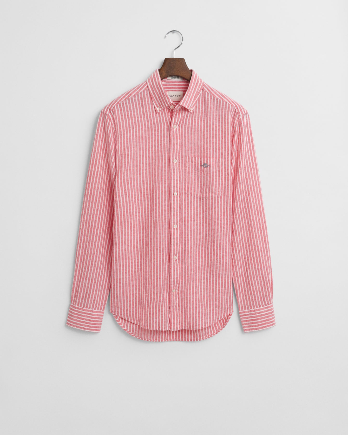 BRICK RED, REG COTTON LINEN STRIPE SHIRT, FLAT-LAY BY GANT AU.