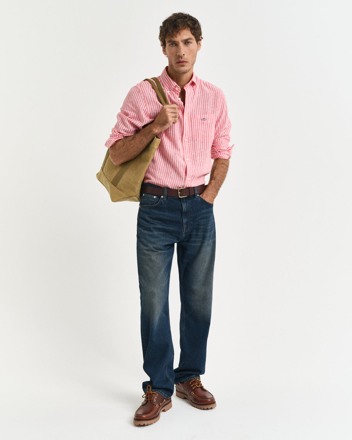 BRICK RED, REG COTTON LINEN STRIPE SHIRT BY GANT AU.