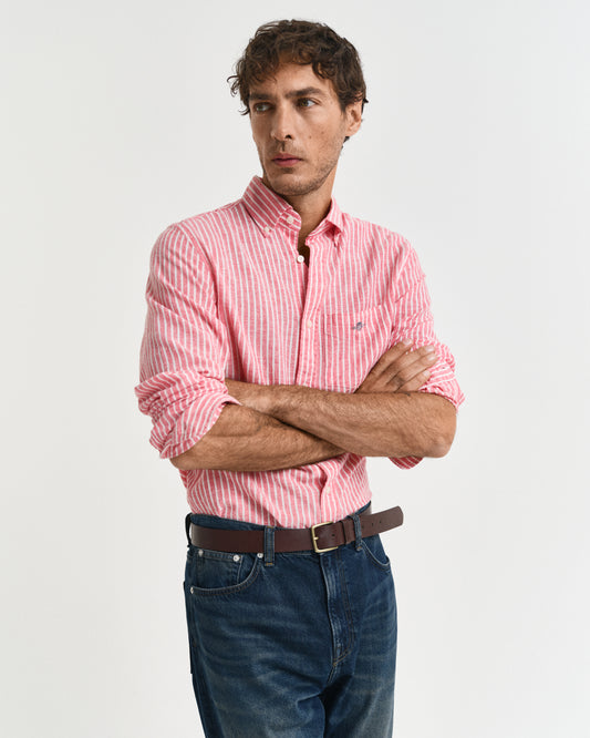 BRICK RED, REG COTTON LINEN STRIPE SHIRT, FRONT-VIEW BY GANT AU.