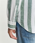 MODEL WEARING REG COTTON LINEN BOLD STRIPE SHIRT