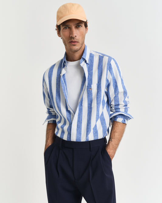 RICH BLUE, REG COTTON LINEN BOLD STRIPE SHIRT, FRONT-VIEW BY GANT AU.