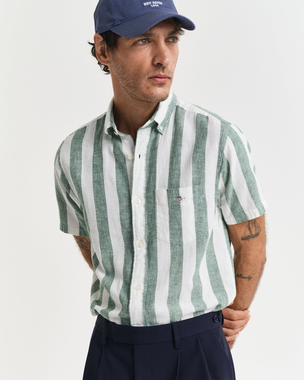 WOODY GREEN, REG COTTON LINEN STRIPE SS SHIRT, CLOSE-UP BY GANT AU.