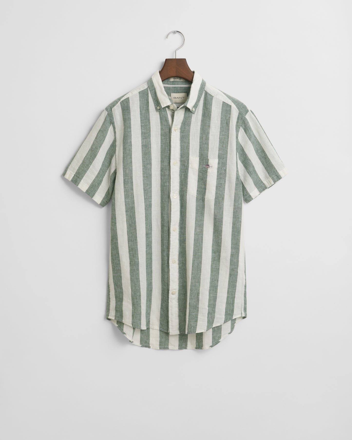 WOODY GREEN, REG COTTON LINEN STRIPE SS SHIRT, FLAT-LAY BY GANT AU.