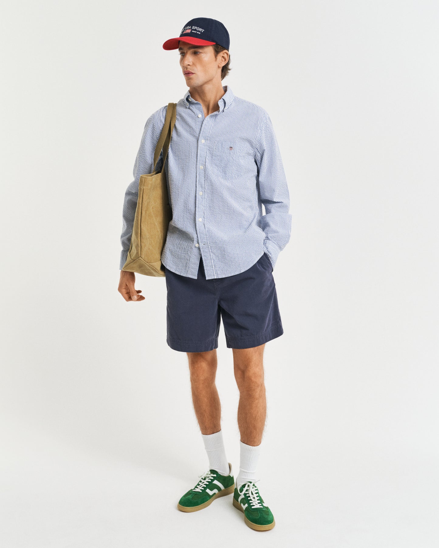 RICH BLUE, REG SEERSUCKER STRIPE SHIRT BY GANT AU.