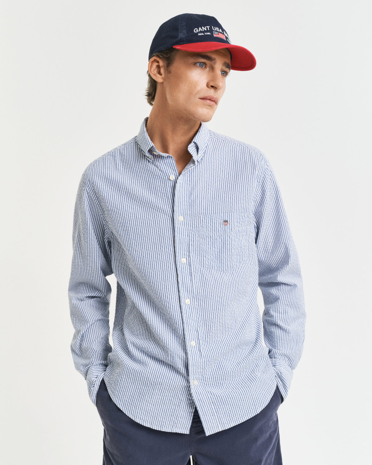MODEL WEARING REG SEERSUCKER STRIPE SHIRT