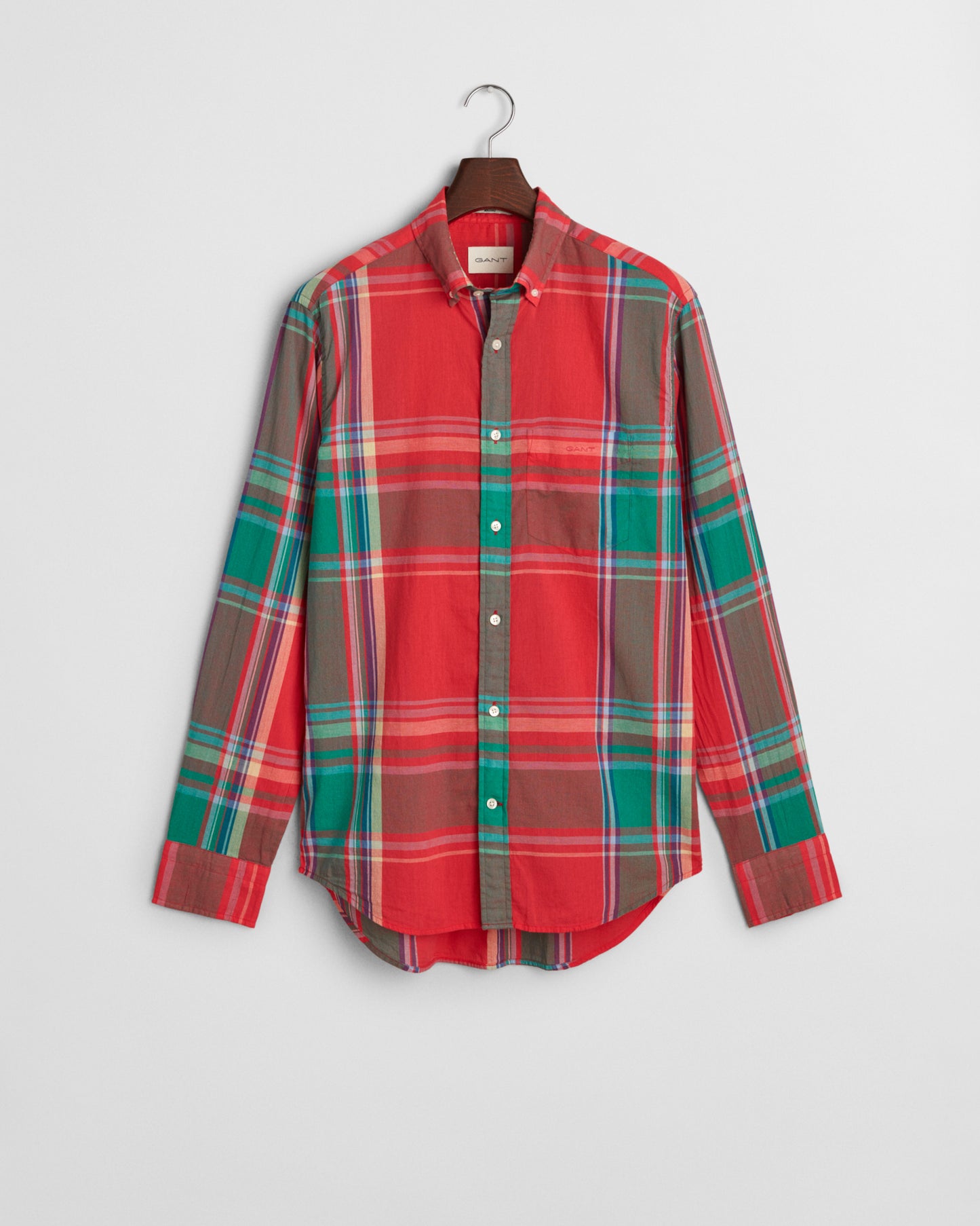 WATERMELON RED, REG INDIAN MADRAS  SHIRT, FLAT-LAY BY GANT AU.