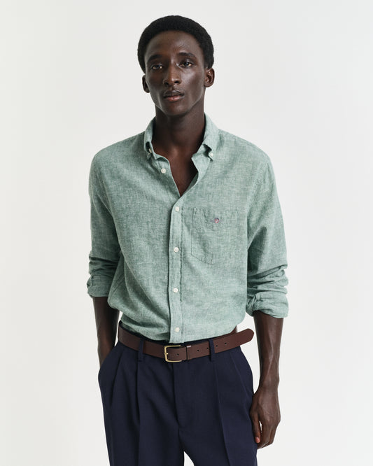 WOODY GREEN, REG COTTON LINEN SHIRT, FRONT-VIEW BY GANT AU.