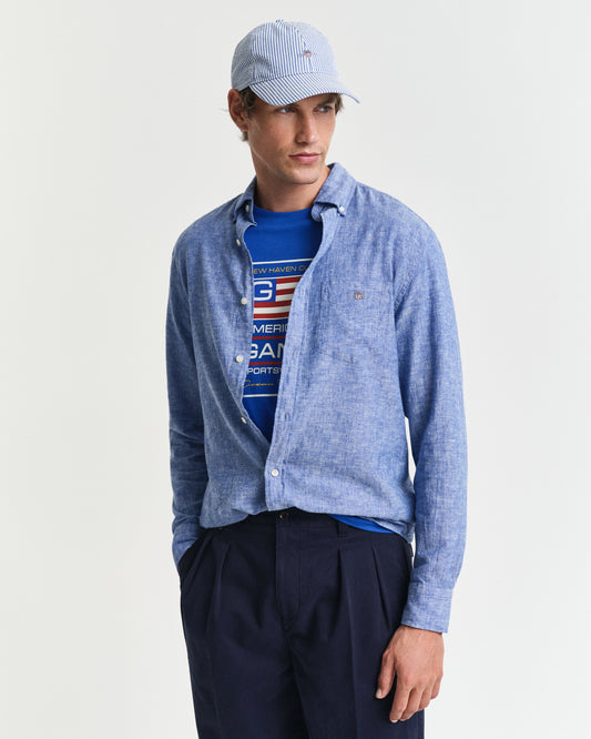 RICH BLUE, REG COTTON LINEN SHIRT, FRONT-VIEW BY GANT AU.