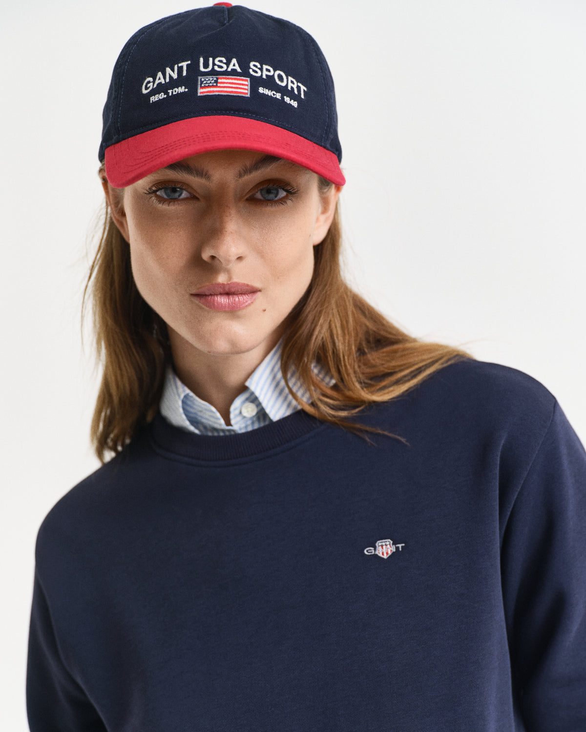 MODEL WEARING SHIELD C-NECK SWEAT DRESS