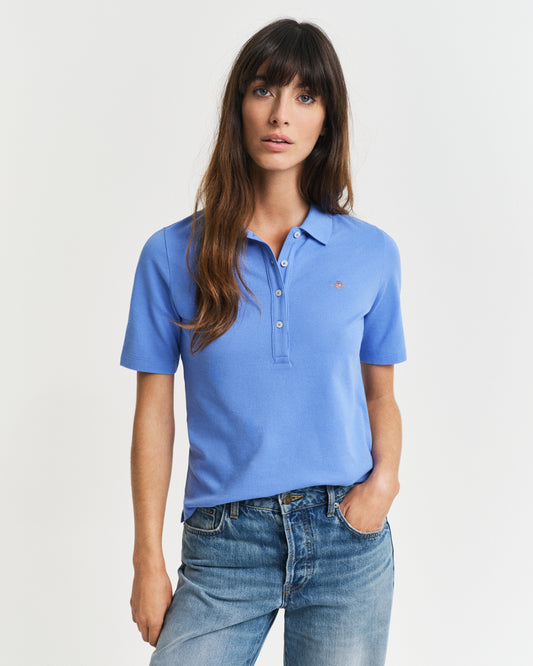 PERFECT BLUE, SLIM SHIELD SS PIQUE POLO, FRONT-VIEW BY GANT AU.