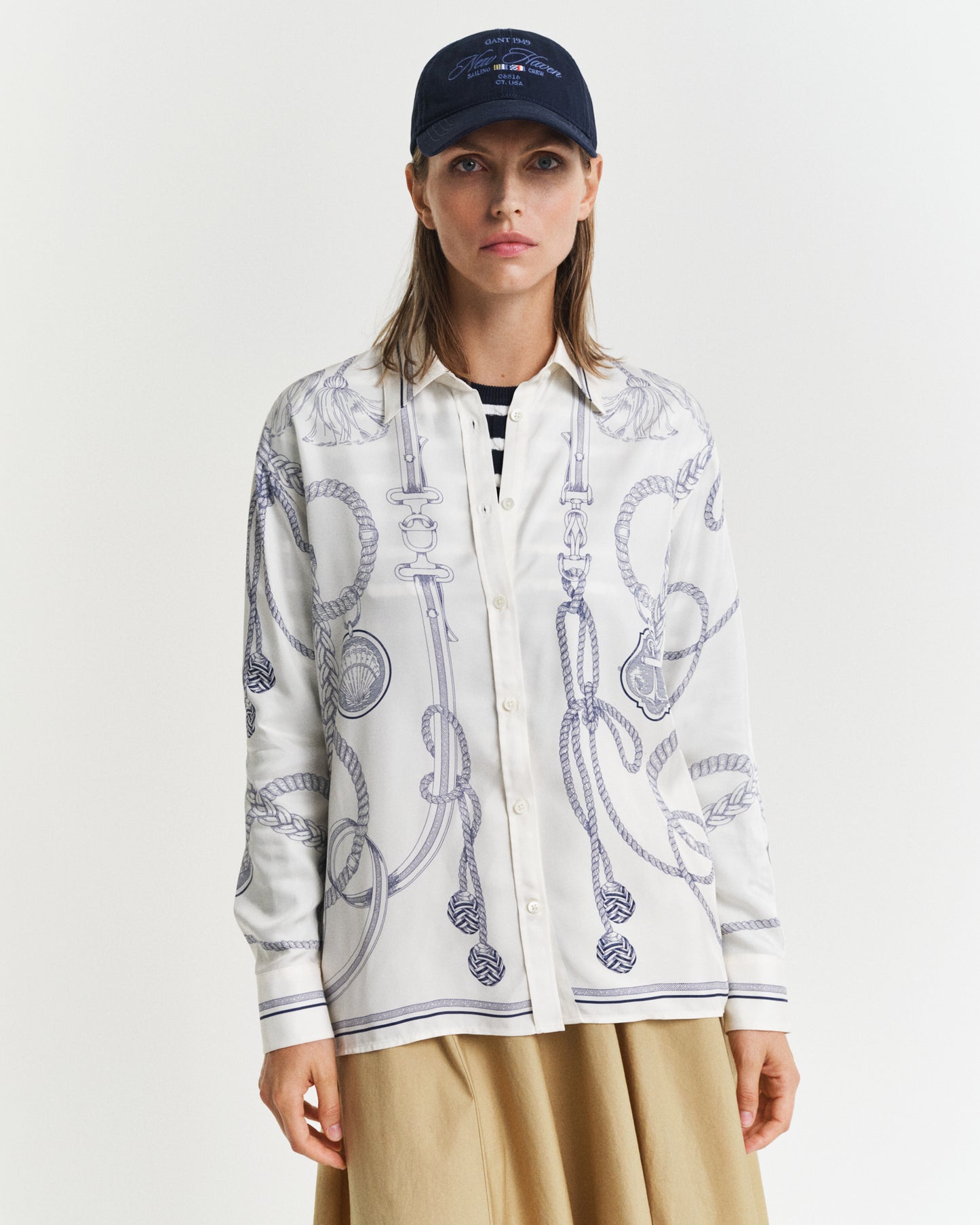 MODEL WEARING REL SAILING PRINT SHIRT