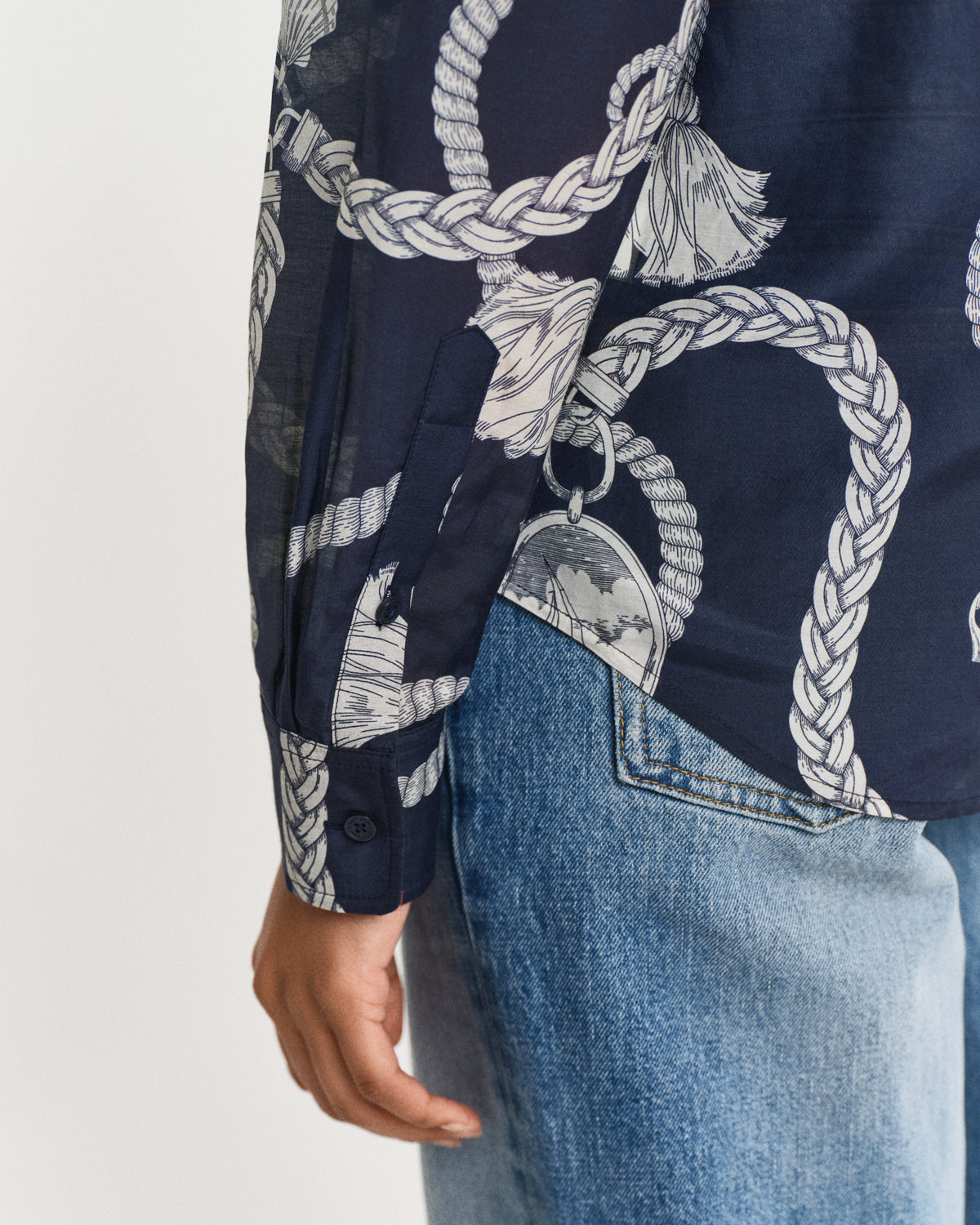 MODEL WEARING REG SAILING PRINT COT SILK SHIRT