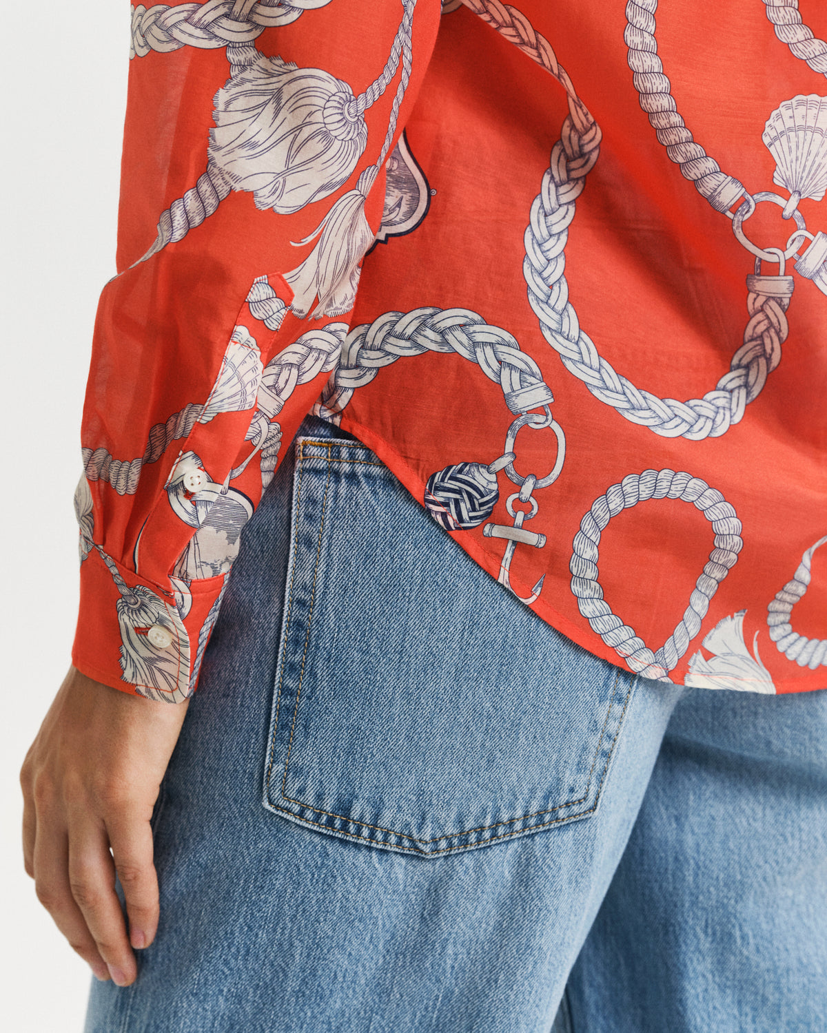 MODEL WEARING REG SAILING PRINT COT SILK SHIRT