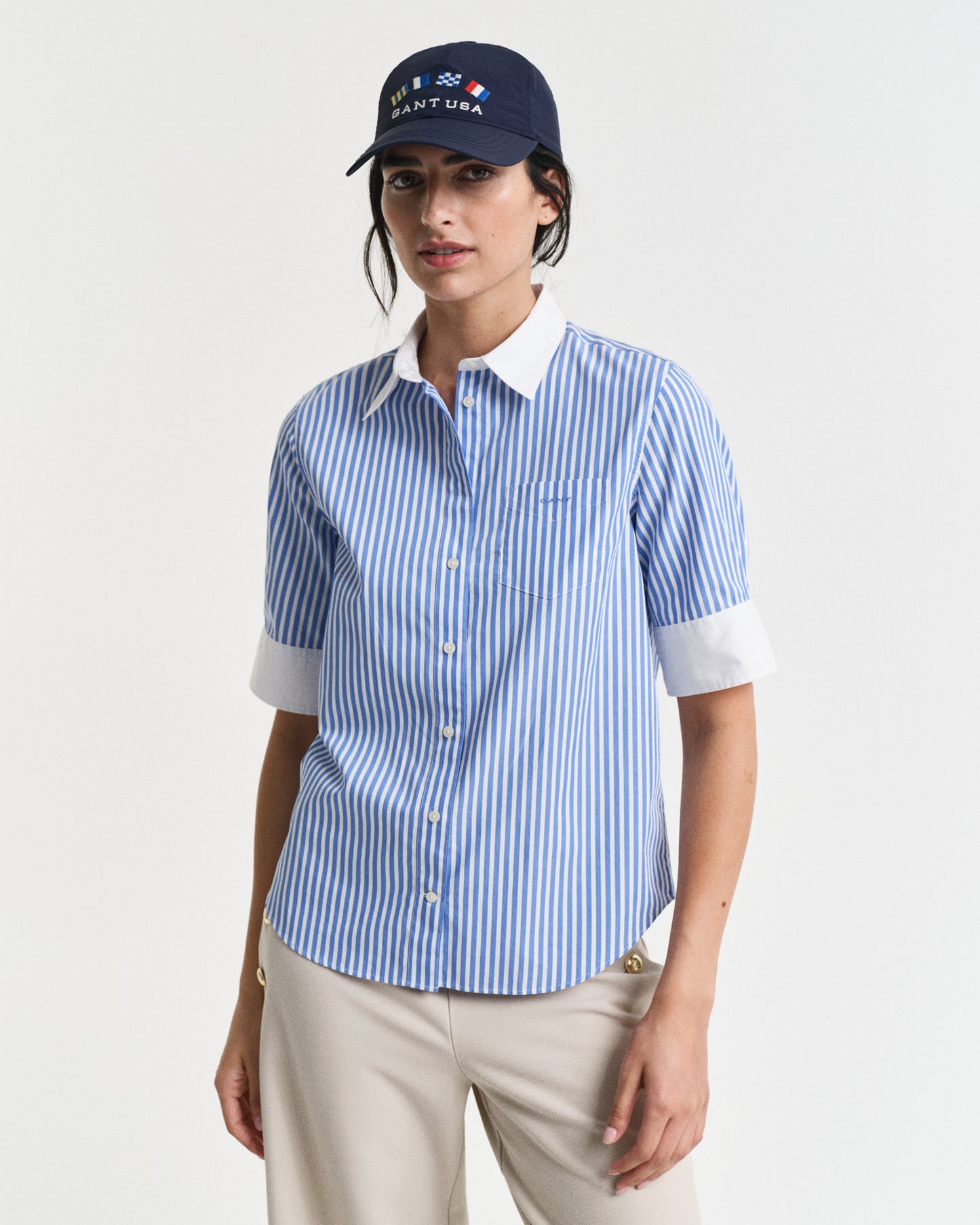 MODEL WEARING REG CONTRAST STRIPED SS SHIRT