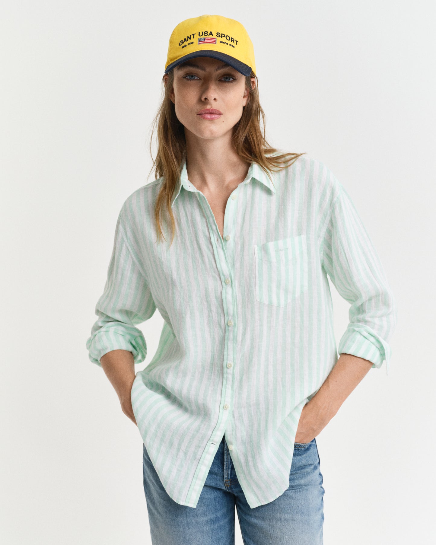FADED MINT, REL STRIPED LINEN SHIRT, FRONT-VIEW BY GANT AU.