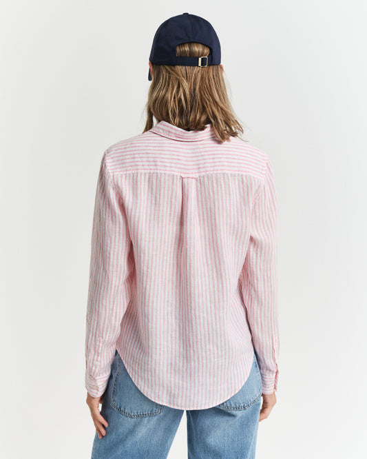 GERANIUM PINK, REG LINEN STRIPED SHIRT, BACK-VIEW BY GANT AU.