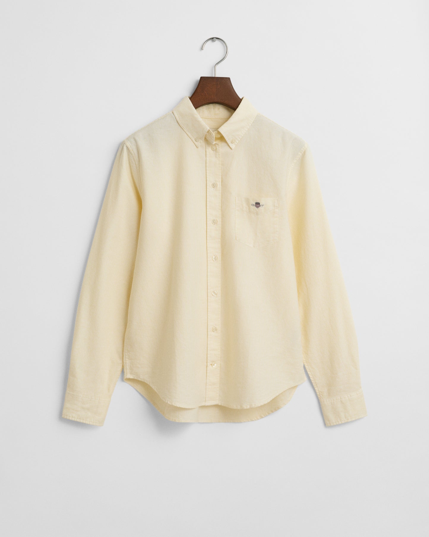 DUSTY LIGHT YELLOW, REG CLASSIC OXFORD STRIPED SHIRT, FLAT-LAY BY GANT AU.