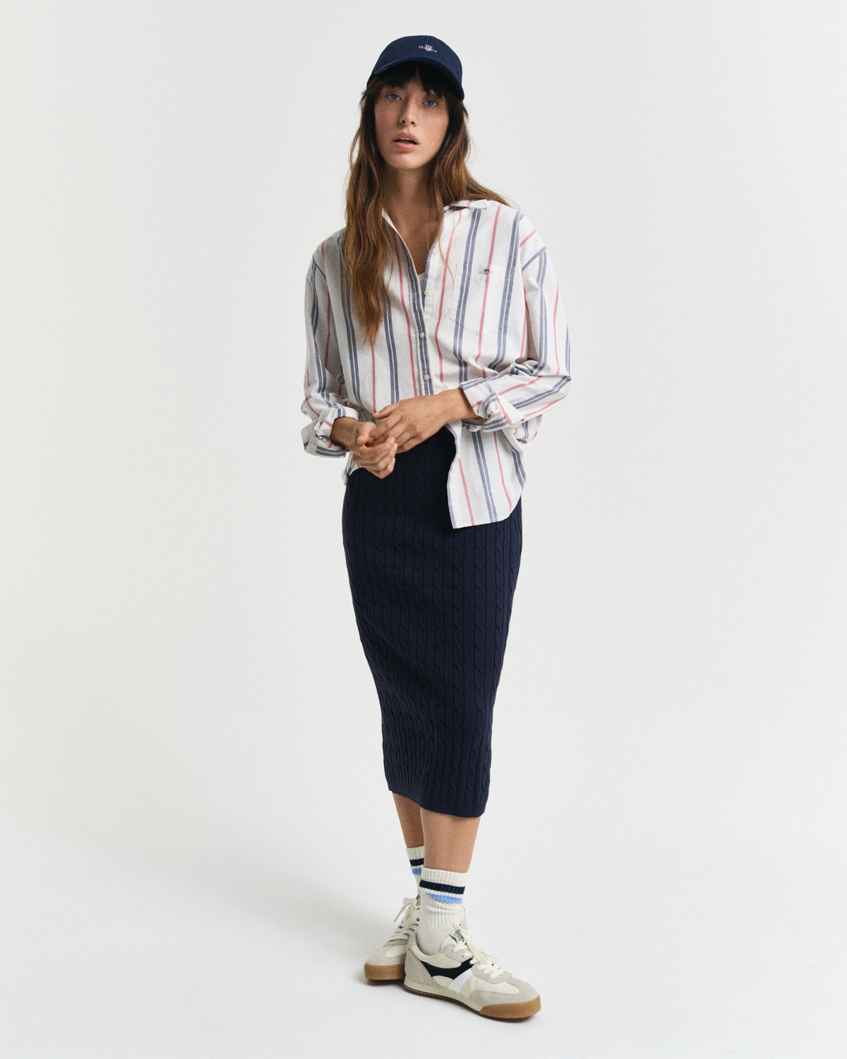 EVENING BLUE, STRETCH COTTON CABLE SKIRT, FRONT-VIEW BY GANT AU.