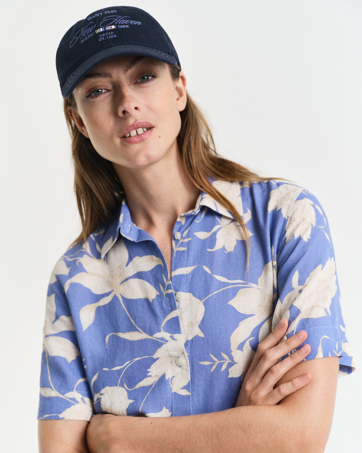 PERFECT BLUE, REG LINEN FLORAL PRINT SHIRT DRESS, CLOSE-UP BY GANT AU.