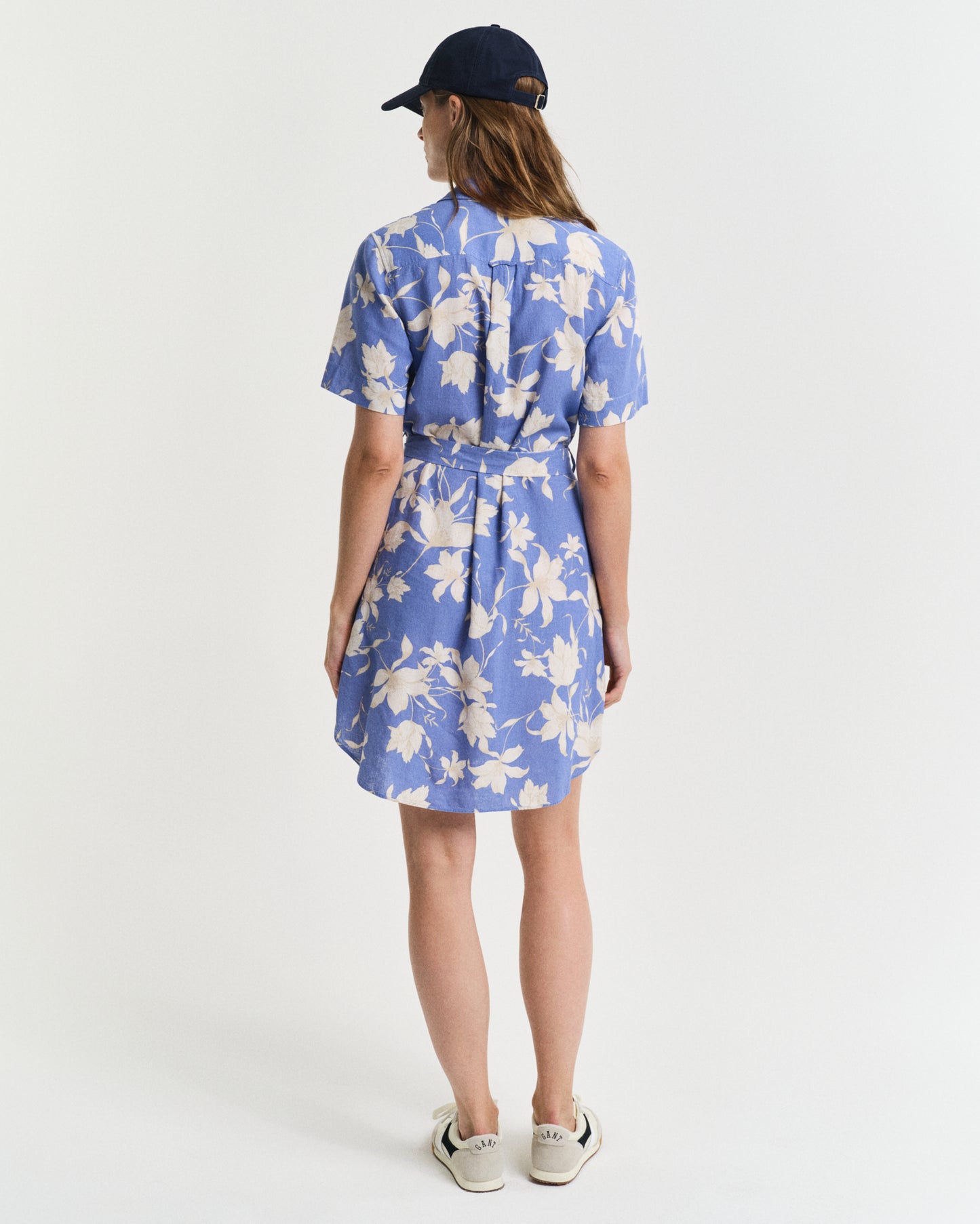 PERFECT BLUE, REG LINEN FLORAL PRINT SHIRT DRESS, BACK-VIEW BY GANT AU.