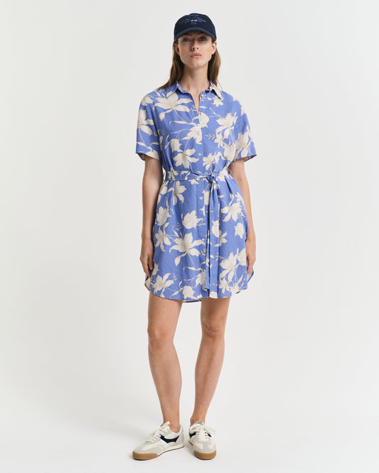 PERFECT BLUE, REG LINEN FLORAL PRINT SHIRT DRESS, FRONT-VIEW BY GANT AU.