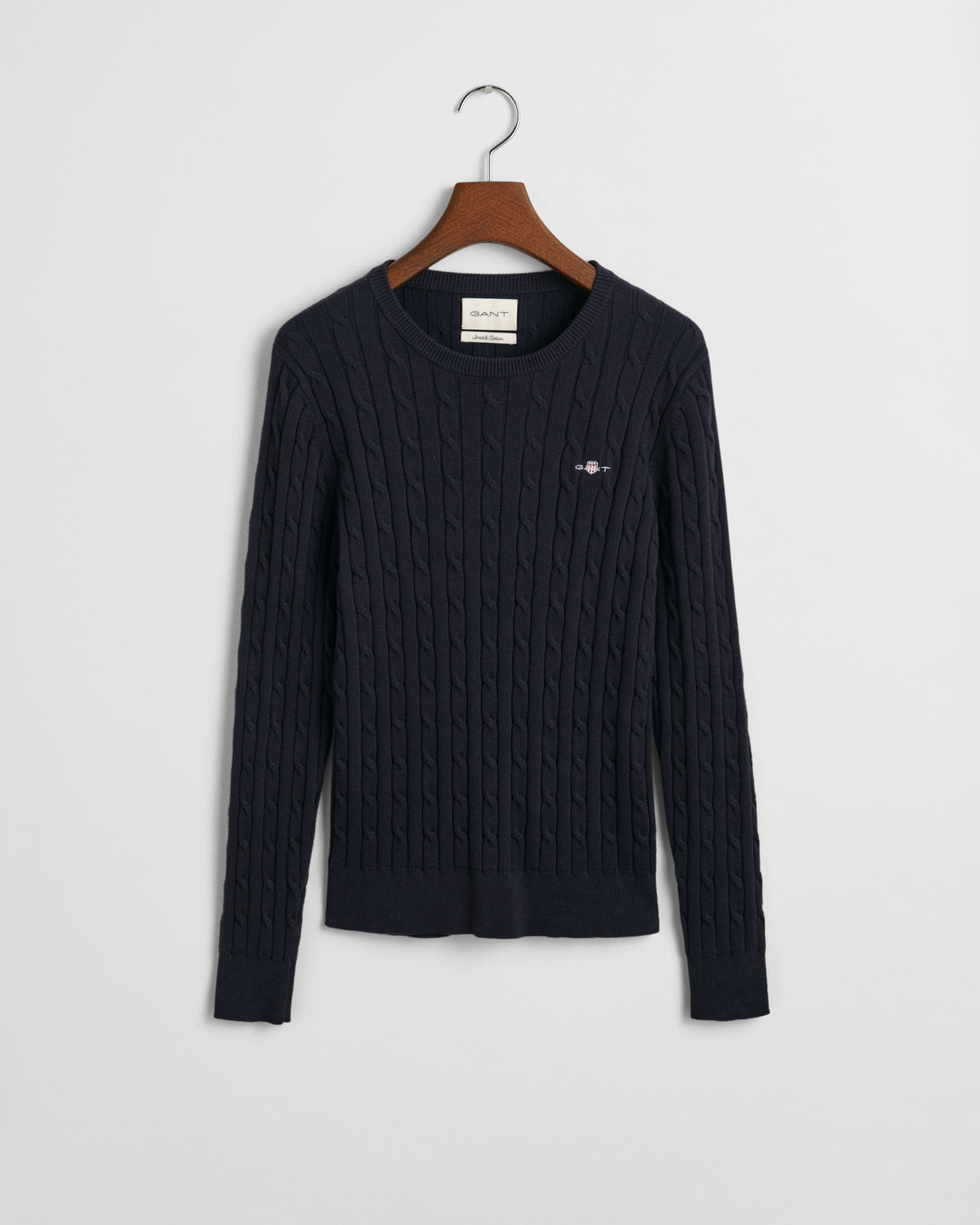 EVENING BLUE, STRETCH COTTON CABLE C-NECK, FLAT-LAY BY GANT AU.