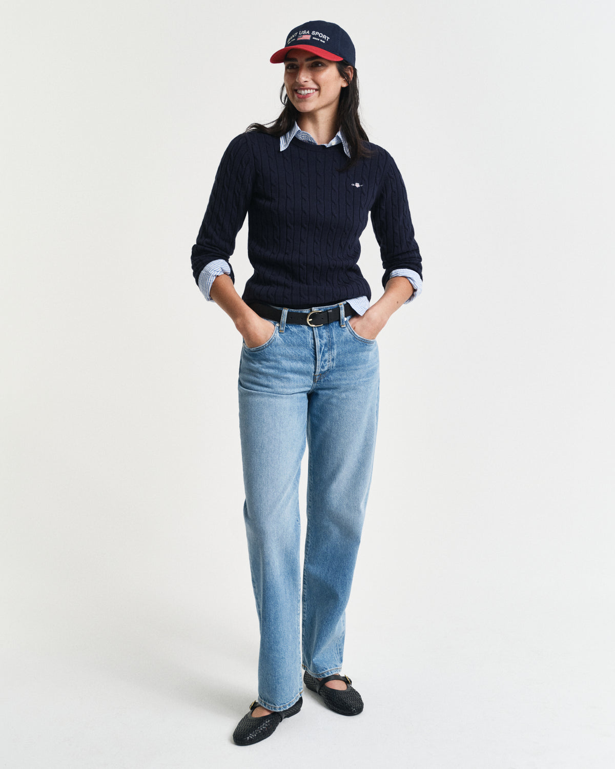 EVENING BLUE, STRETCH COTTON CABLE C-NECK BY GANT AU.