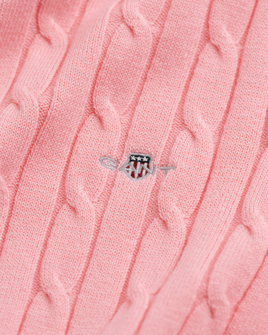 GERANIUM PINK, STRETCH COTTON CABLE C-NECK, CLOSE-UP BY GANT AU.