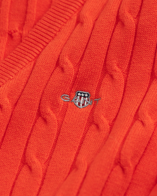 ORANGE RED, STRETCH COTTON CABLE V-NECK, CLOSE-UP BY GANT AU.