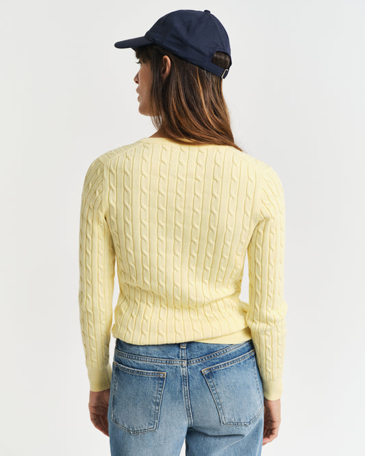 DUSTY LIGHT YELLOW, STRETCH COTTON CABLE V-NECK, BACK-VIEW BY GANT AU.